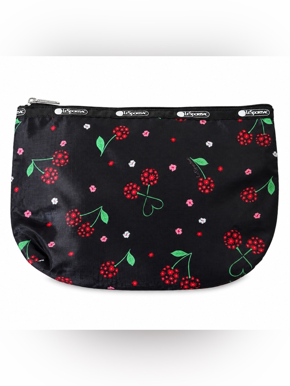 LeSportSac Cherry Print Cosmetic Travel Pouch Zip Case Black Makeup Bag 10”